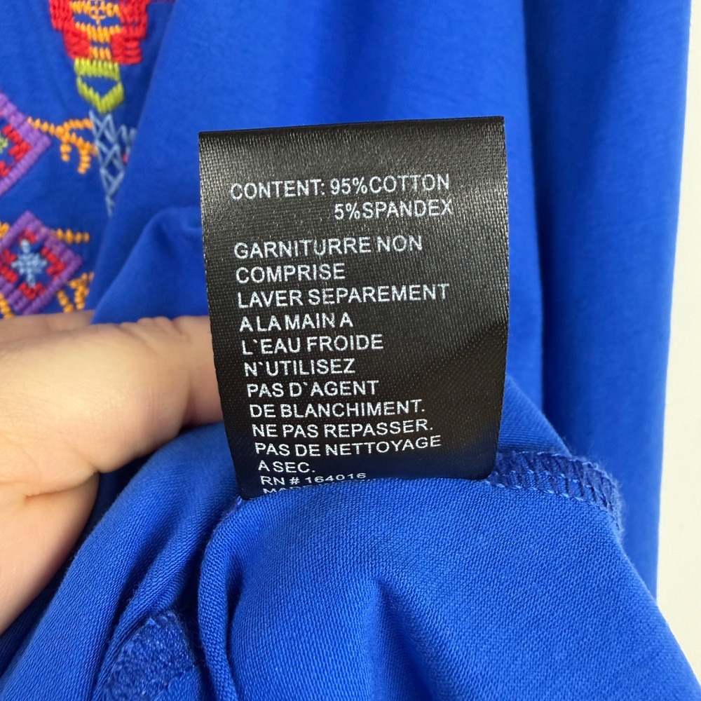 Calessa Embroidered Tunic Top Womens Large Blue Boho Peasant 3/4 Sleeve V-Neck - Picture 10 of 12